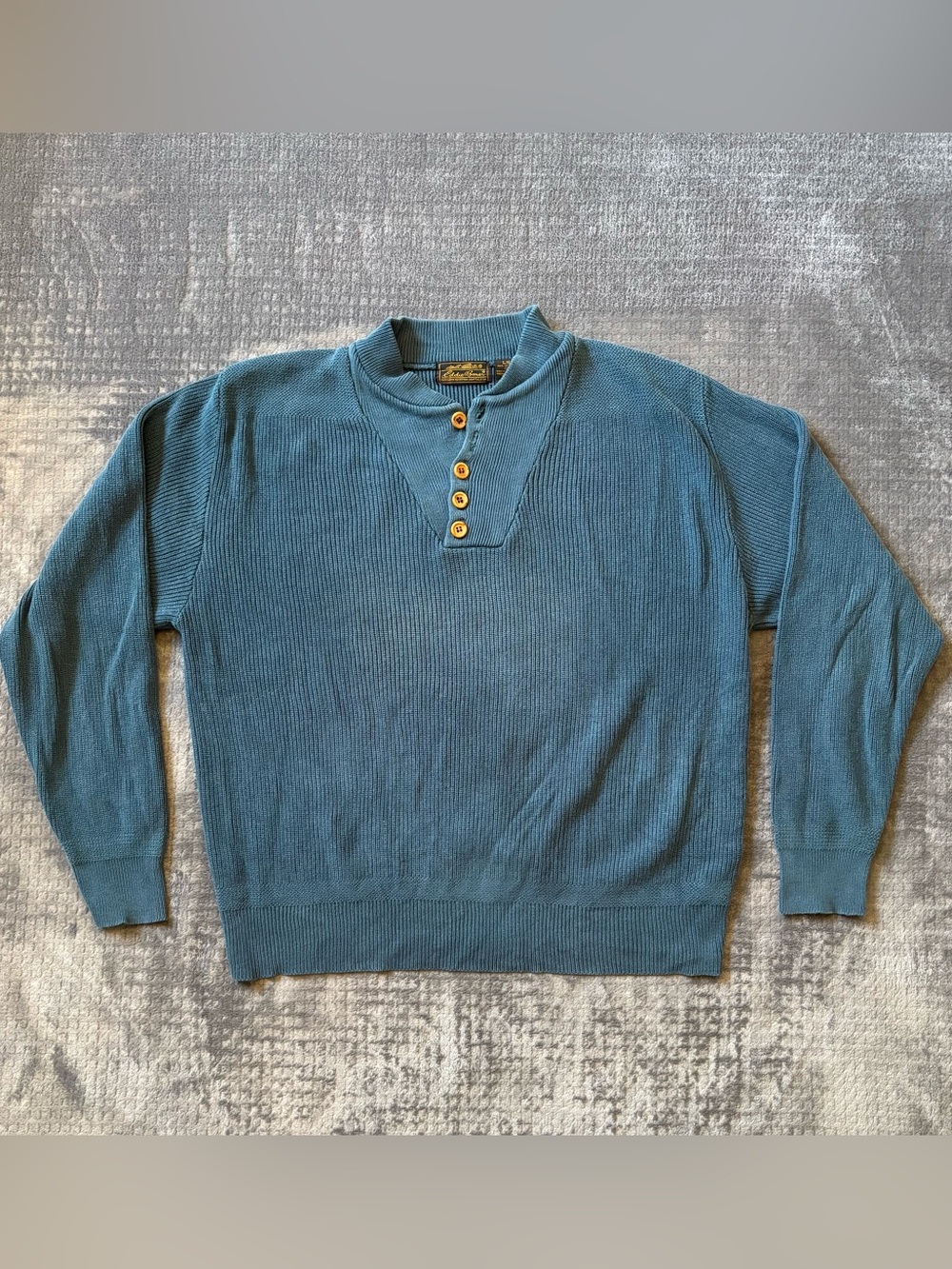 Vintage 90s Eddie Bauer Henley Sweater Mens L Teal/Blue Ribbed Knit Cotton